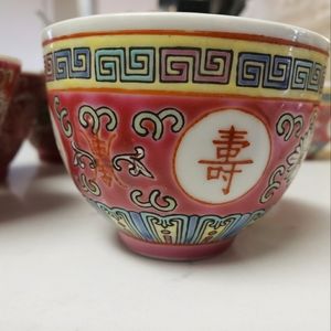 Chinese Mun Shou Famille Rose Longevity Porcelain teacups vintage 1900